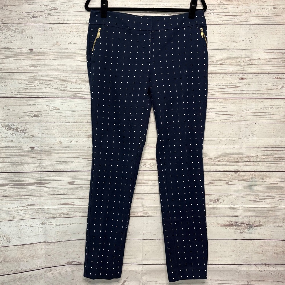 Anne Klein Navy Blue Diamond Polka Dot Slim Ankle Pants Gold Zip Accents Size 8